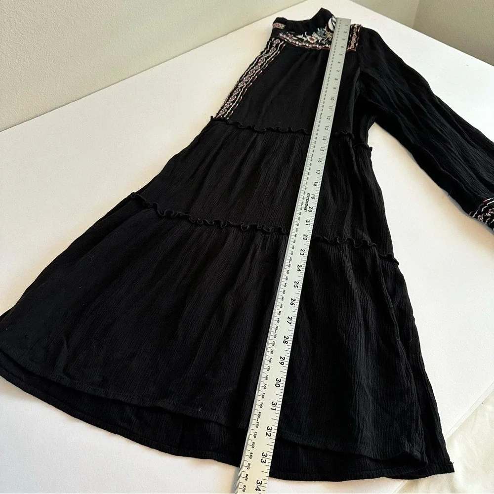 Embroidered Boho Peasant Dress L Black Floral Long Sleeve Midi‎ Cottage Festival